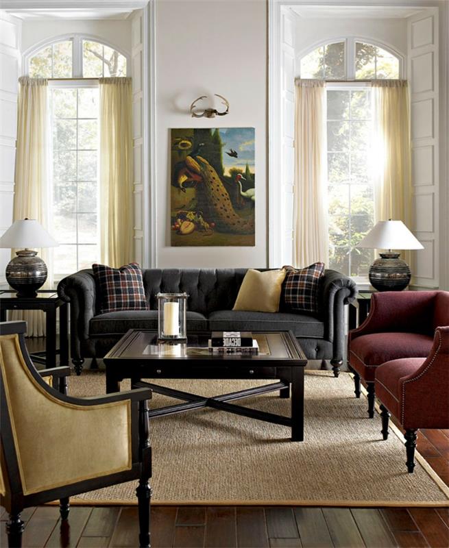 sohva chesterfield tummanharmaa upea tyylikäs olohuoneen sisustus