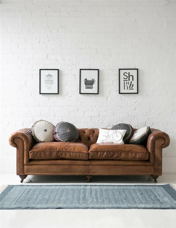 sohva chesterfield nahka ruskea matto eläviä ideoita