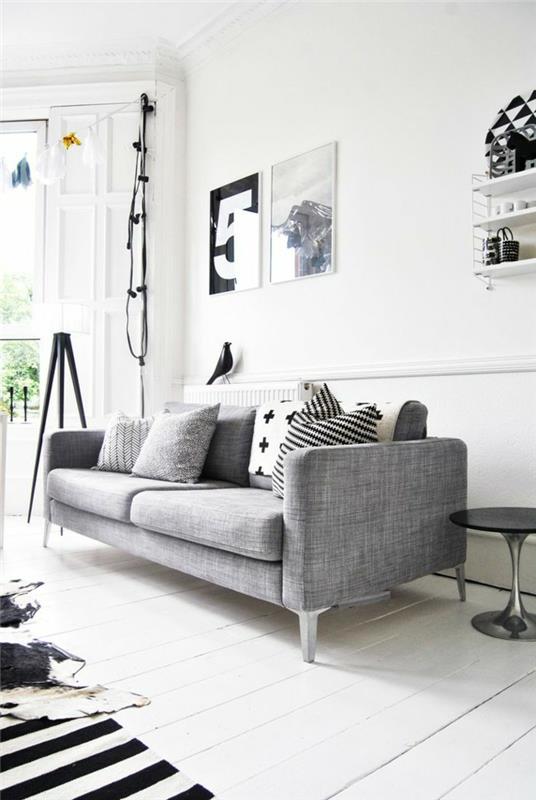 sohva harmaa oloideoita olohuone skandinaavinen raidallinen matto