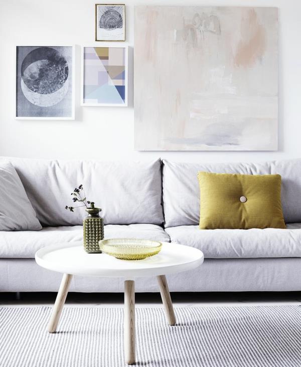 sohvatyyny keltainen heittotyyny pyöreä sohvapöytä olohuone