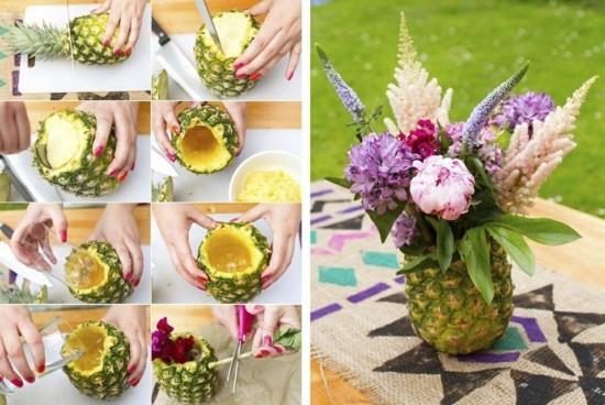 kesäpöydän sisustusideoita ananaksella ja kukilla
