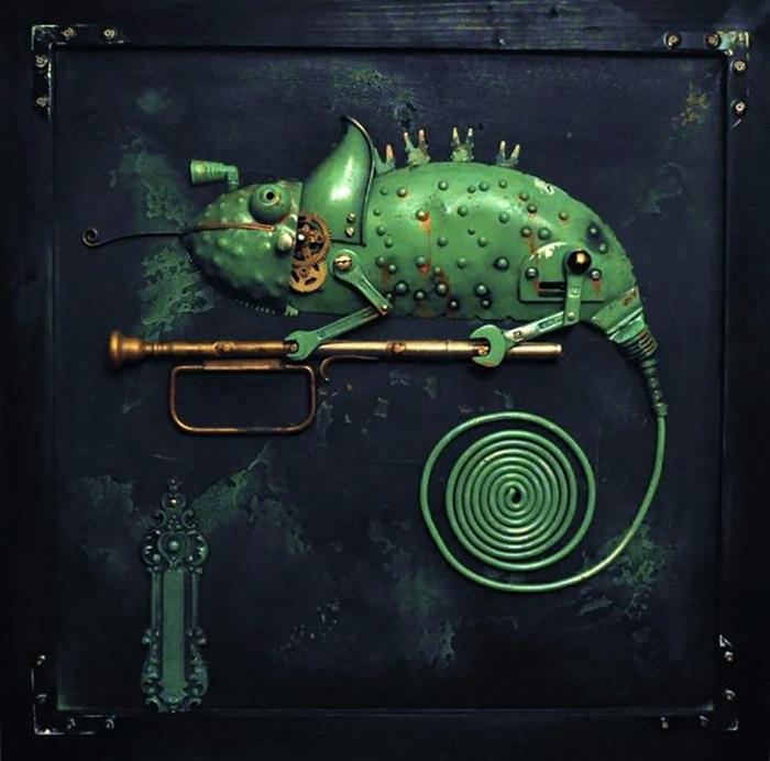 steampunk -taidetta, joka muodostaa metallikokoelmia