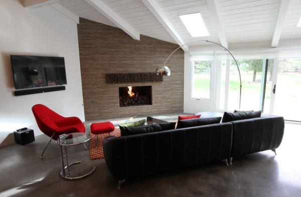 lattiavalaisimet suunnittelu punainen nojatuoli aksentti musta nahka sohva seinä puu