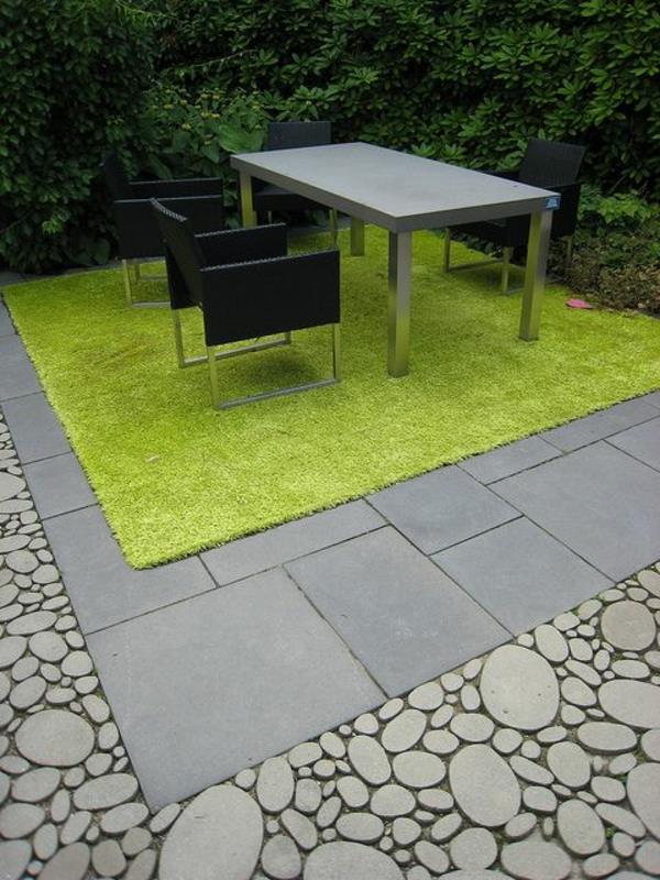 puutarhan suunnitteluideoita kuvia mukulakivi ja sora vihreä matto pöytä