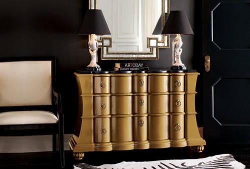 esteettinen kultainen hoitopöytä musta ovi olohuone tyylikäs