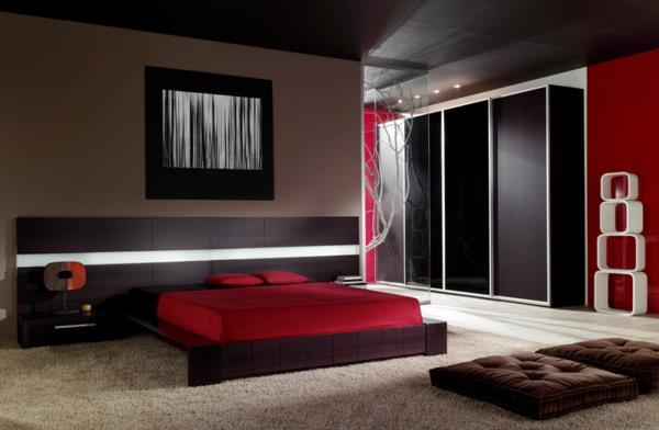 esteettinen makuuhuoneidea suunnittelu punainen tumma sisustus