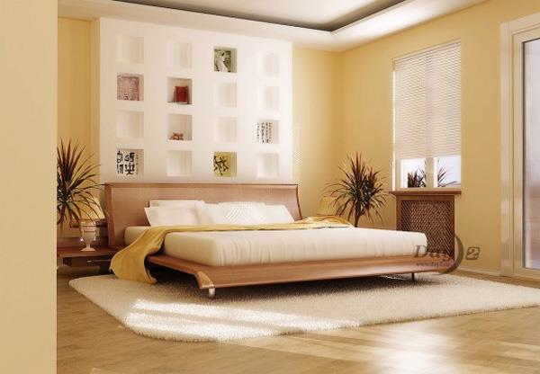 tyylikäs beige sisustus makuuhuoneen seinähyllyt