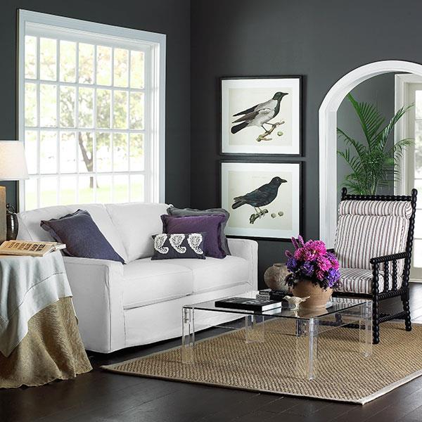 tyylikäs sisustus harmaassa valkoisessa kontrastikuvassa lintujen sohva