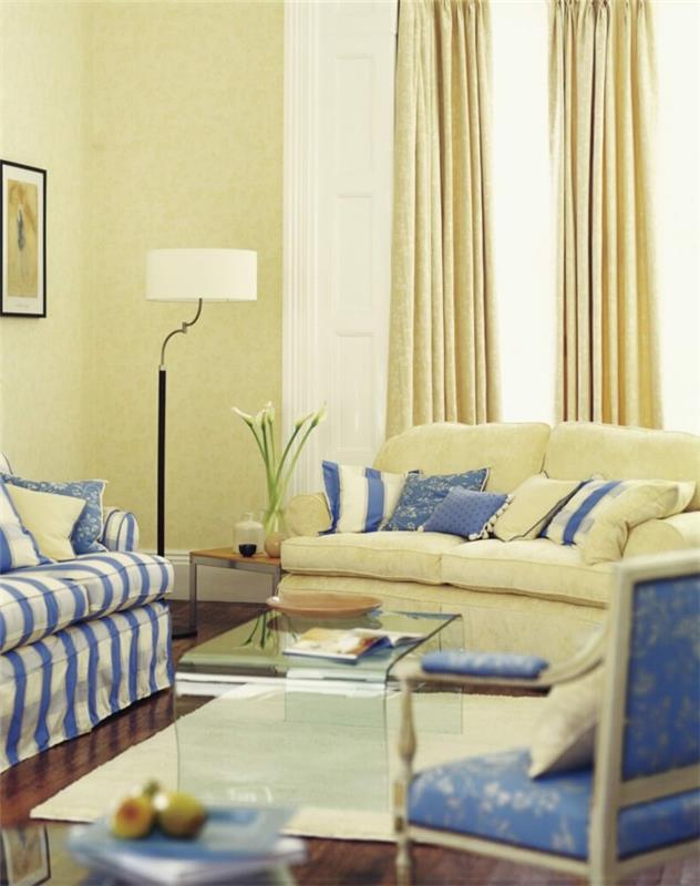 kangasnäyte olohuoneen raita kuvio sohva heittää tyyny peittää vaaleankeltaiset seinät
