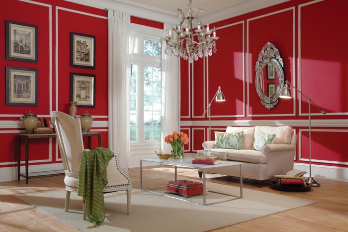maalaa ideoita olohuone punaiset seinät beige huonekalut