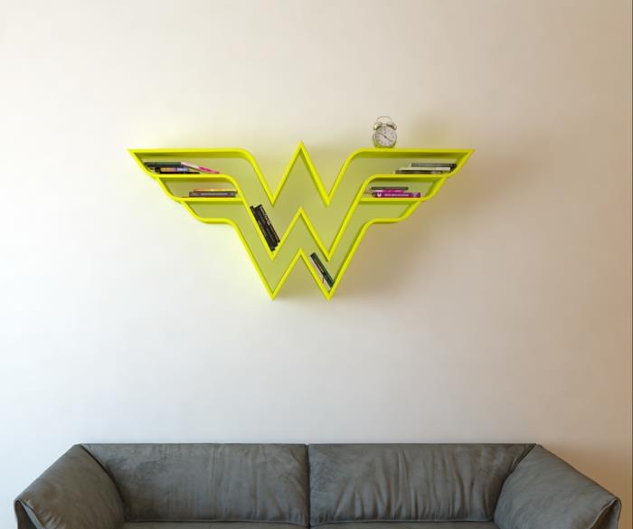 supersankari kirjahyllyt ihme nainen seinähylly neonkeltainen