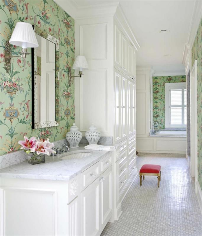 tapetti kuvio kylpyhuone seinämaalaus kukka kuvio valkoinen kylpyhuone huonekalut
