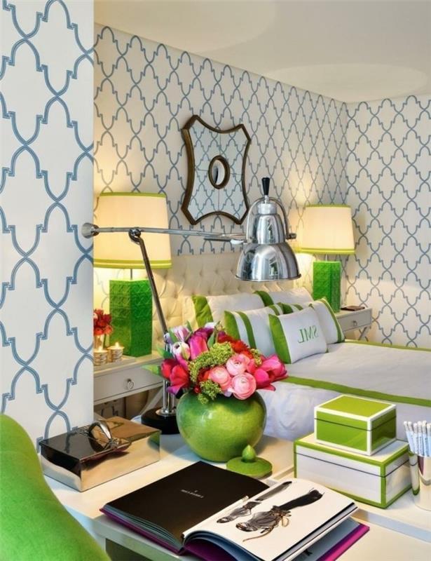 taustakuvaideat olohuoneeseen piristävät tyylikkäitä valkoisen ja sinisen kuvioita vihreillä aksentteilla