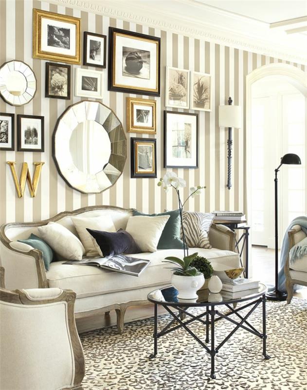 tapetti ideoita olohuone raidallinen kuvio vintage sohvapöytä kaunis seinäkoriste