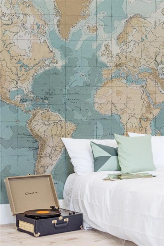 taustakuva alkuperäisiä ideoita seinän suunnitteluun makuuhuoneessa taustakuvalla maailmankartalla