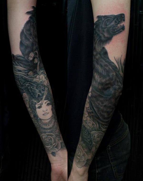 tatuointi kyynärvarren kuvat korppi ruusut nainen susi
