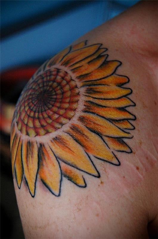 tatuointi olkavarren olkapää auringonkukka