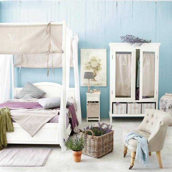 seinän väri jauhe sininen makuuhuoneen sisustus pylvässänky seinän suunnitteluideoita