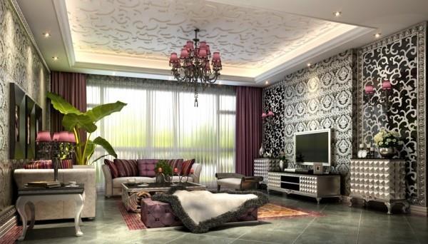 porrastettu olohuone, ylellinen seinän suunnittelu ja kaunis kattorakenne
