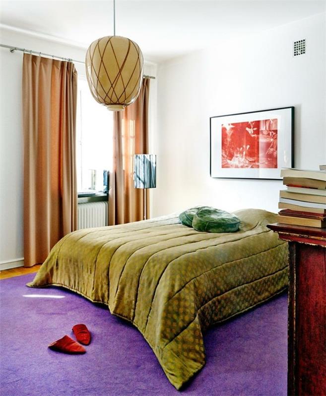 osta matto makuuhuoneen muotoilu violetti vihreä vuodevaatteet beige verhot