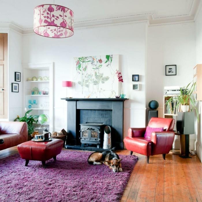 osta matto kotiin ideoita olohuone violetti takka kasvit