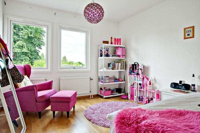 matto lastentarha vaaleanpunainen pyöreä tytön huoneen huonekalut valkoiset seinät