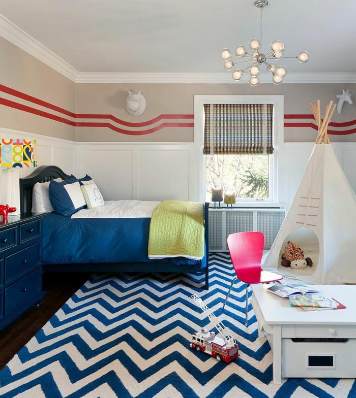 matto lastenhuone siksak -kuvio poikien huoneen suunnittelu sininen