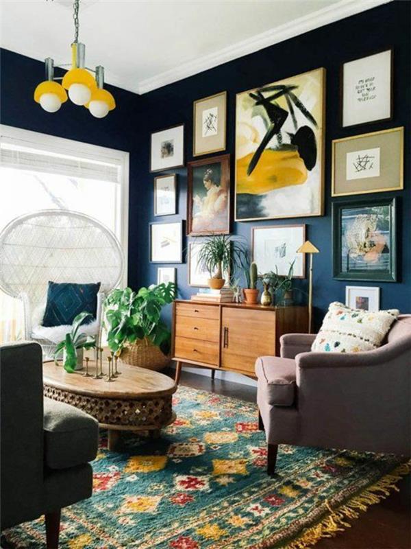 matto olohuone värillinen tummansininen seinä kuvat kasvit