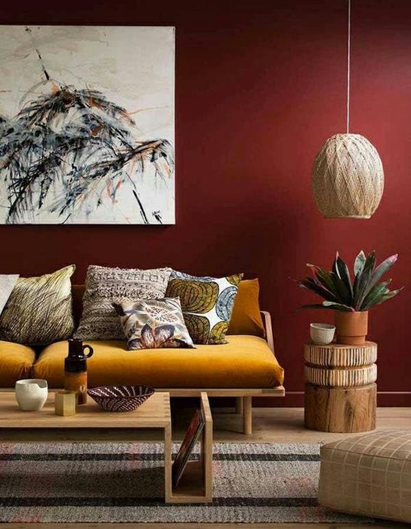terrakotta moderni olohuone kalusteet sinappi sohva afrikkalainen tyyli