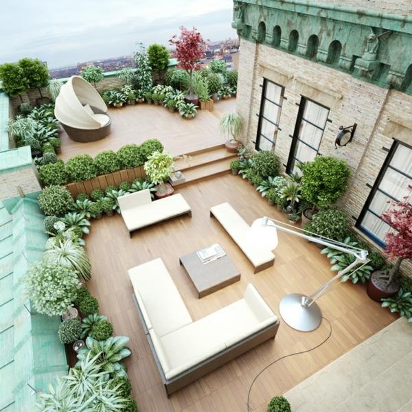 terassi suunnittelu moderni lattiavalaisin sohvapöytä deco ideoita kasveja
