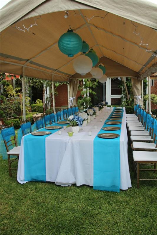 pöytäkoriste sininen puutarhajuhla juhlava sisustus