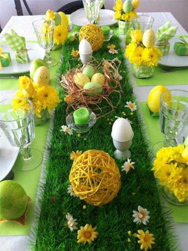 pöytä koristelu pääsiäinen epätavallinen idea vihreä ja keltainen