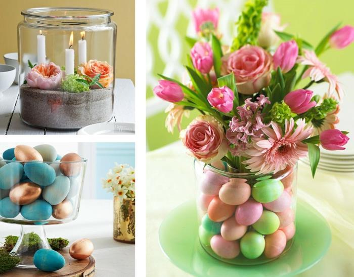 pöytäkoristeet pääsiäinen pääsiäispöytäkoristeet ideoita gerbera ruusut kevään kukat pääsiäismunat