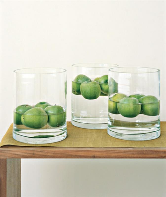 pöydän koristelu itse tee lasiastiat vihreiksi omenoiksi