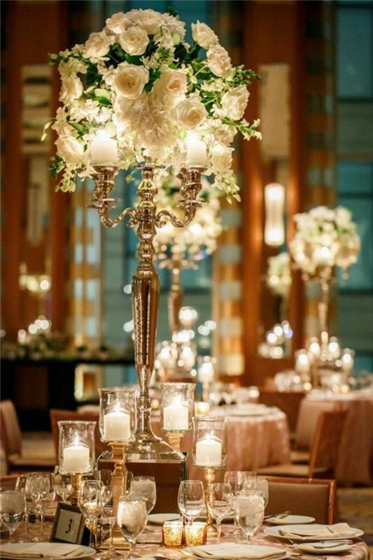 pöytä koristelu häät kukka koristelu kultainen kynttilänjalka valkoiset ruusut