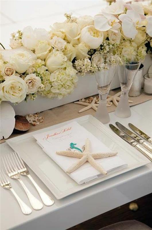 pöytä koristelu häät kukka koristelu valkoinen hydrangeas ruusut meritähti