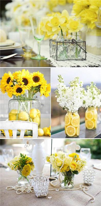 pöydän koristelu häät narsissit auringonkukat sitruunat