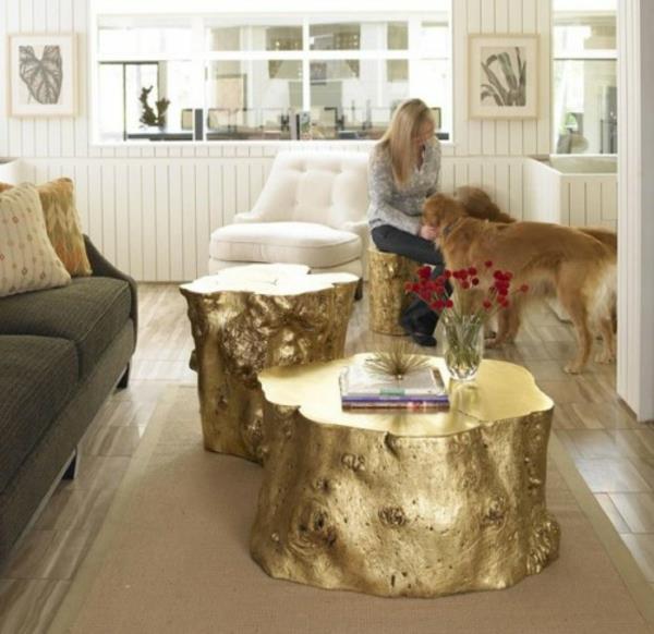 pöydät tuolit kultainen lakattu sisustusidea puu kanto