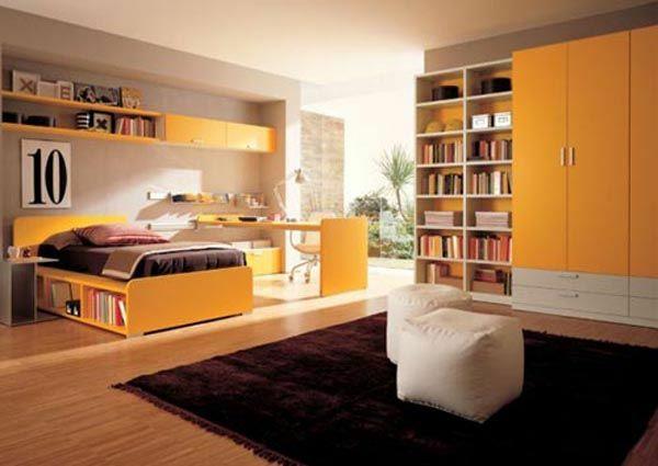 nuorten huone tytöille ruskea matto oranssi huonekalut