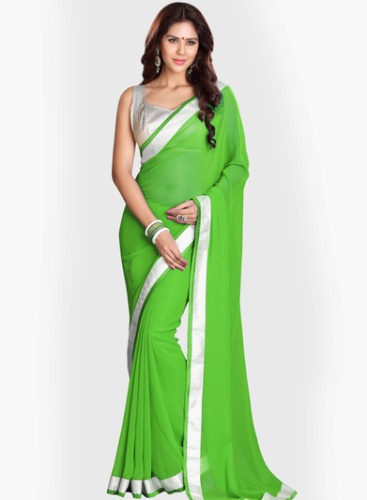 Élénk zöld Georgette Saree ezüst szegéllyel