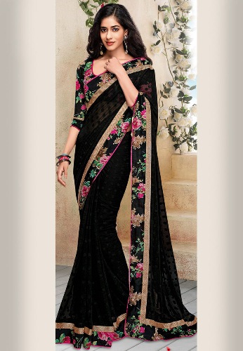 Fekete Faux Georgette Saree virágos szegéllyel