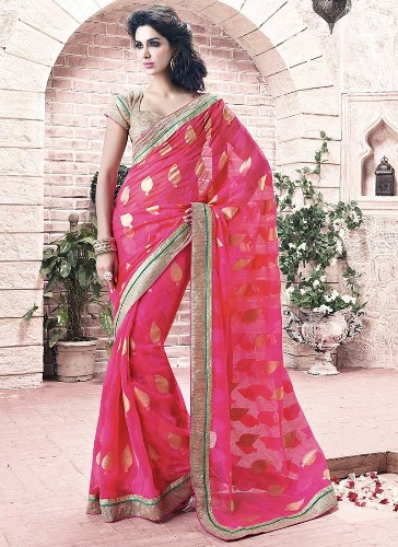 Pink Georgette Saree med indviklet arbejde