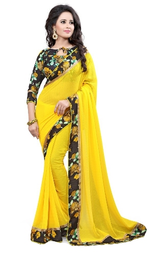 Citromsárga színű Georgette Sari fűzött szegéllyel