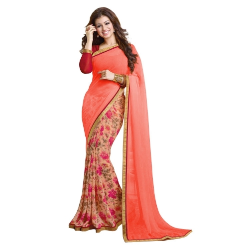 Fersken blomsterprintet Georgette Saree