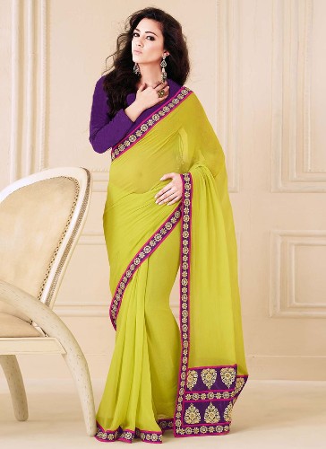Világos sárga és lila Faux Georgette tervező Saree