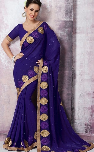 12. Enkel violetfarvet chiffon saree med gylden kant