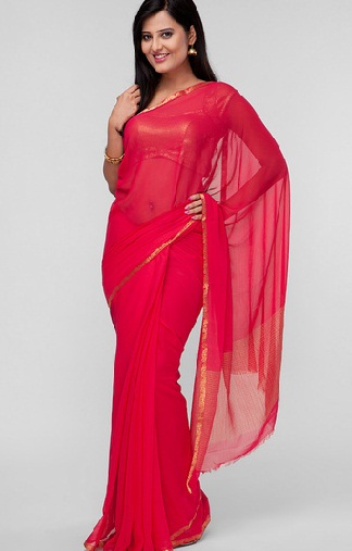 3. rød chiffon saree med zari kant