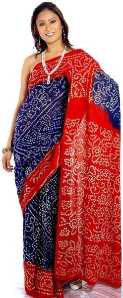 Kék és piros Bandhani Rajasthani Saree