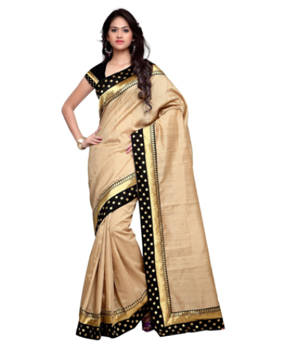 Olcsó Sarees-bézs színű Banarasi selyem arany és fekete szegéllyel 7