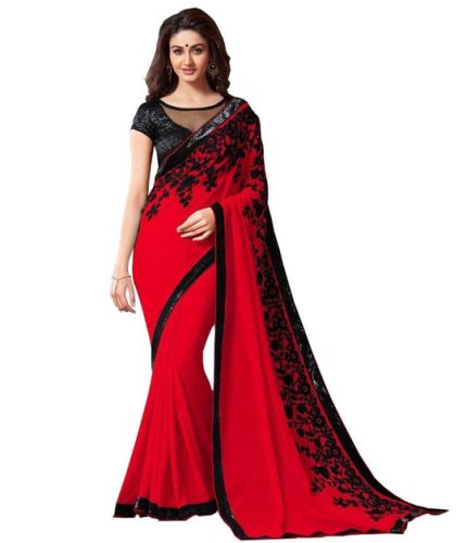 Billige Sarees-sort og rød Georgette Sari 9